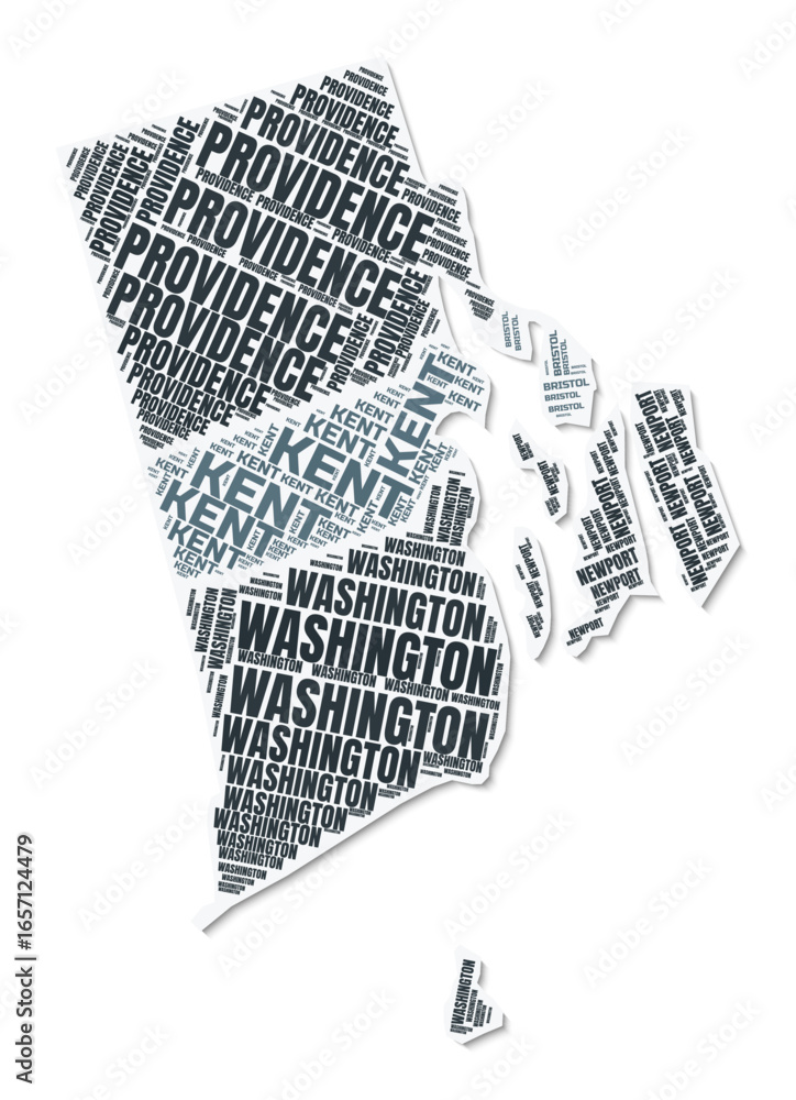 Poster rhode island shape text cloud. state border with shadow on white background. rhode island with count