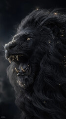 Majestic black lion with golden eyes roars with powerful intensity revealing sharp teeth and a flowing mane
