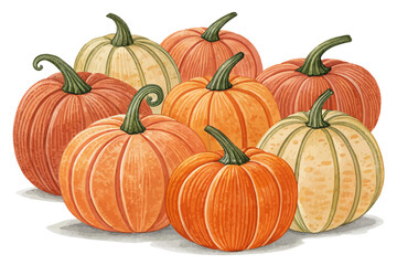 A group of seven pumpkins in various shades of orange and cream with green stems arranged together closely