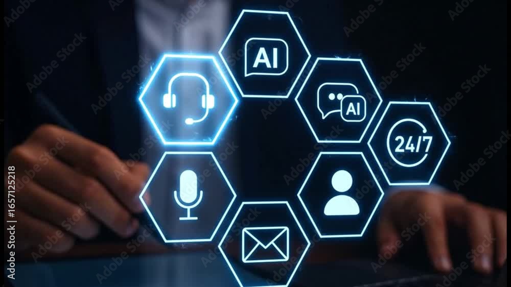 Poster businessman using a futuristic interface for ai-powered customer service. hologram includes icons fo