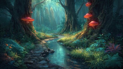 A mystical woodland scene featuring a tranquil creek and luminous fantasy mushrooms growing on ancient trees