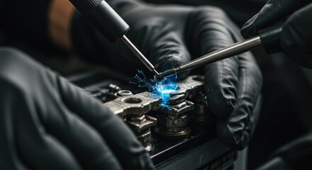Obraz premium Sparks fly as gloved hands solder battery terminals