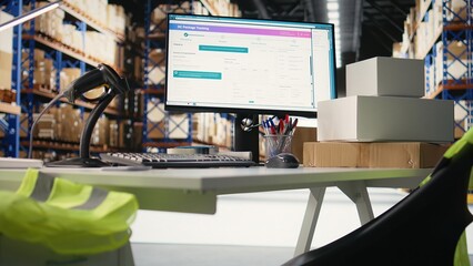 Empty warehouse setting used for shipping cargo products in boxes from online shopping local brand, ensuring fast delivery from the supply room. Fulfillment center operations.