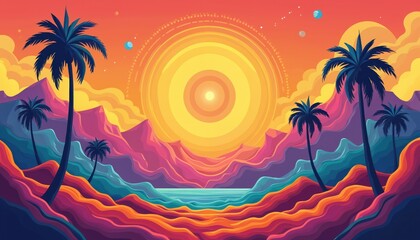 Retro 60s 70s psychedelic graphic print illustration. Vibrant sunset over beach landscape with palm trees. Stylized mountains, ocean waves, colorful wavy ground patterns evoke summer vacation vibes.