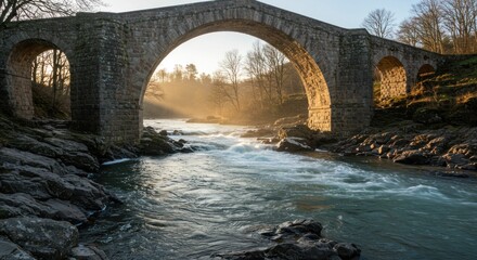Stone arched bridge over a river with fog and sunbeams
