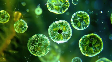Vibrant phytoplankton blooms in shades of blue, green, and red, floating in the ocean’s surface waters, visible from above as swirling patterns, supporting marine ecosystems and creating natural ocean