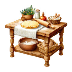 Wooden table with unbaked pie, rolling pin, flour, bowl, herbs, and other baking ingredients. Rustic, vintage style. Transparent