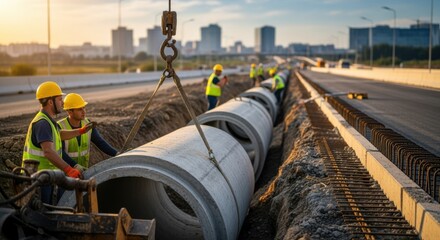 Workers installing large concrete pipes for a new city drainage system alongside a partially completed highway.