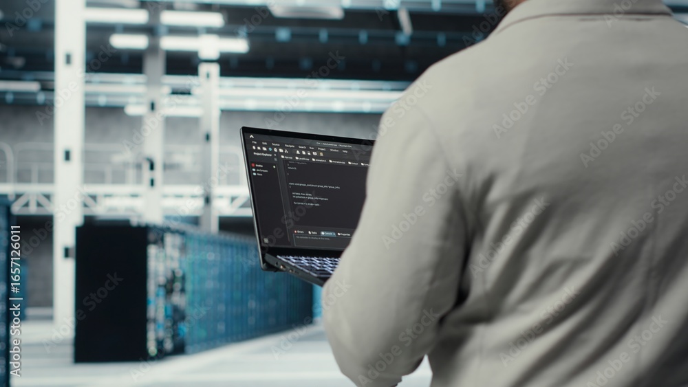 Poster engineer walking in data center using device to configure hardware optimized for ai tasks. man doing