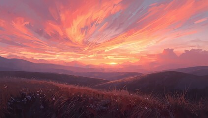 Obraz premium Vibrant Sunset over Rolling Hills A Breathtaking Landscape Painting