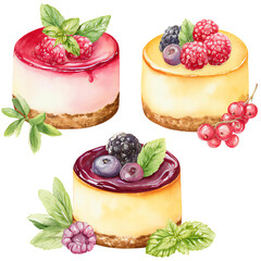 Three watercolor mini cheesecakes with assorted berries and mint garnish on transparent background