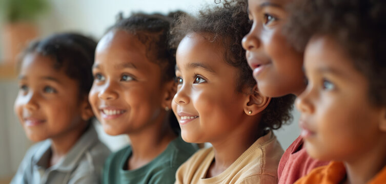 Diverse group of children smiling, looking forward together. Portrait photography capturing unity, friendship, togetherness indoors. Focus on positive expressions, trust, belonging among youth. - Powered by Adobe