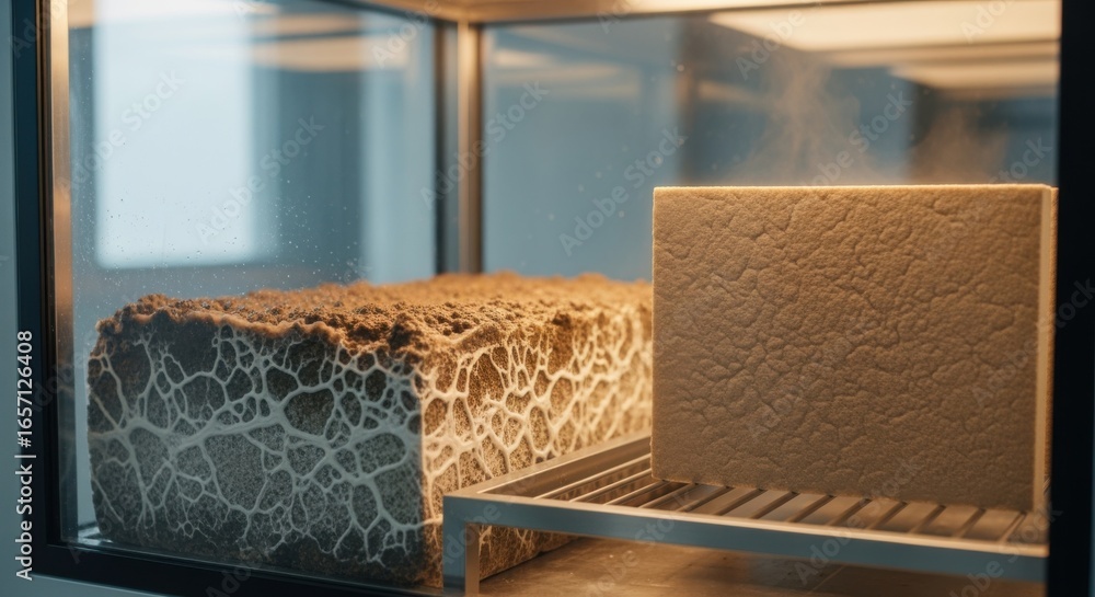 Poster transformation of mycelium material from wet substrate to hardened insulation panel in a curing cham