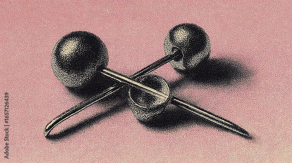 Poster stipple drawing featuring various spheres and an elongated u-shaped object resting on a textured sur