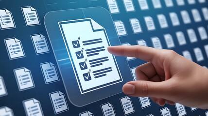 Hand pointing to a digital checklist on a futuristic screen with rows of documents