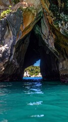 Rocky cave opening into turquoise water