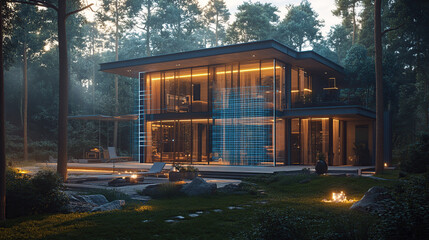 Modern house in a serene forest setting with a swimming pool