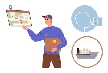 Delivery worker holds package, points to digital map. Speech technology and cargo ship icons suggest communication, logistics, and global trade. Ideal for delivery, navigation, technology, logistics