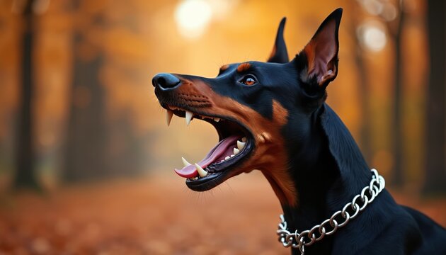 Close-up of aggressive Doberman Pinscher dog in autumn park, barking with mouth open showing teeth, tongue. Black, tan canine wears silver chain collar. Fall leaves, blurred trees form background,