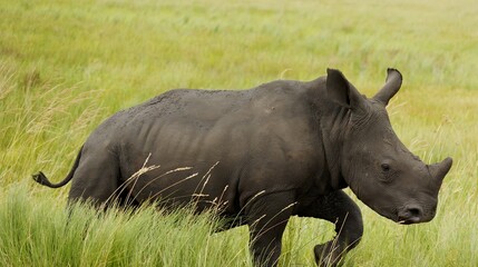 Rhinoceros running across the African savanna, majestic wildlife in natural habitat, powerful mammal in motion, dust rising from the ground, stunning scene of nature, beauty and freedom of wild