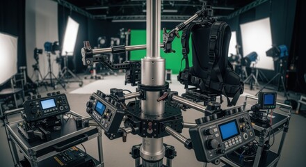 Wideangle view of a Steadicam docking station with mounted stabilization arms and control units in a modern video production environment.