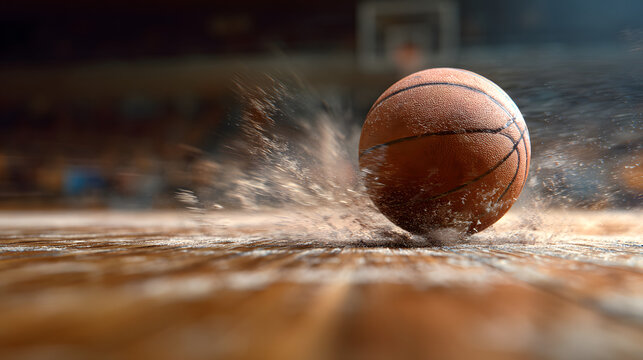 Basketball Collision: A close-up view of a basketball making contact with the court floor, creating a dynamic burst of dust and particles. It's a moment of intense action, power.