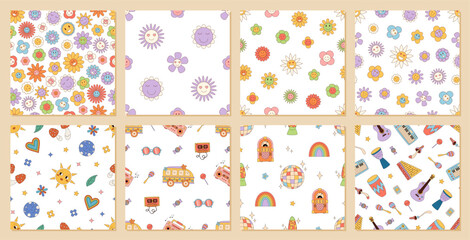 Groovy retro seamless pattern with cute floral and daisy motifs set. Colorful y2k flower set in cartoon graphic style for fun background, perfect as a cheerful pattern for playful or vintage decor