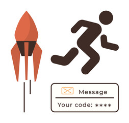 Rocket launching alongside a running person, paired with a message code. Ideal for speed, innovation, progress, technology, communication, encryption security. Minimal and simple flat metaphor