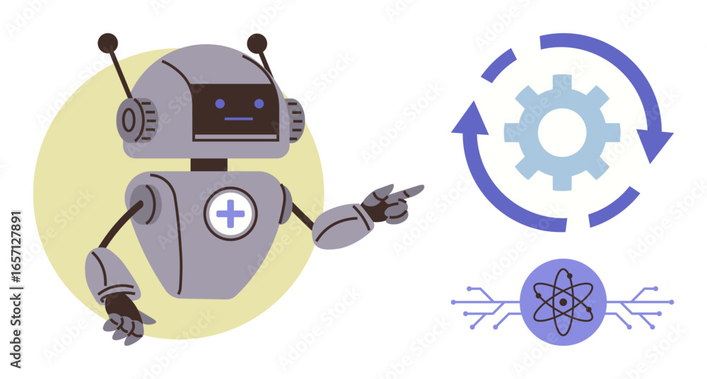 Poster friendly robot gesturing toward a gear with circular arrows and atom icon. ideal for ai, automation,