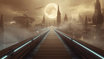 Fototapeta premium Futuristic Cityscape Bridge to a Mysterious Metropolis Under a Full Moon