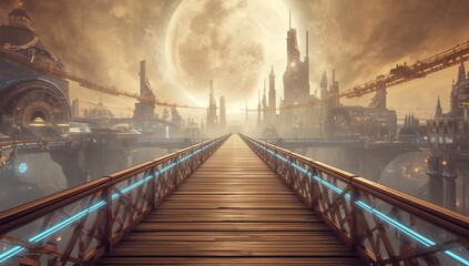 Journey across a glowing bridge towards a majestic, otherworldly city bathed in the light of a colossal moon