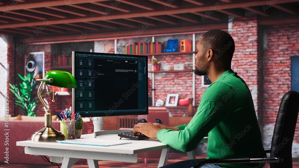 Poster african american guy at home asks questions to ai chatbot virtual assistant, typing user prompts to 