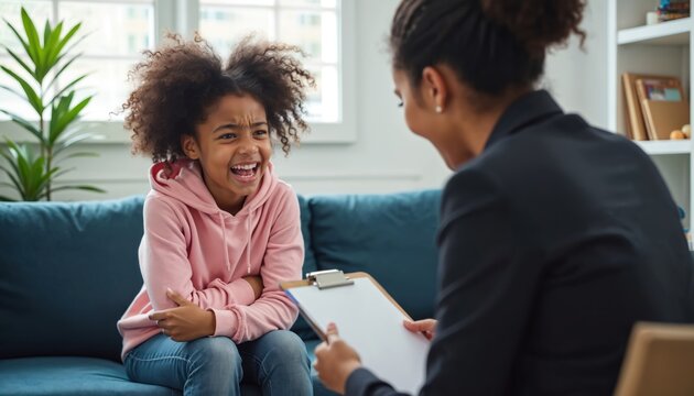 African American schoolgirl expresses strong emotions during therapy session with psychologist. Child receives emotional support and advice from pro counselor in a safe environment.