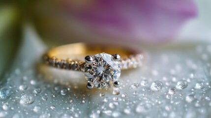 Diamond engagement ring with gold band on wet surface