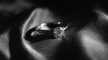 Diamond solitaire engagement ring on black silk fabric