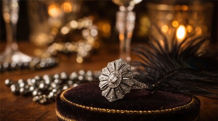 Antique jewelry ring on velvet with pearls and feather