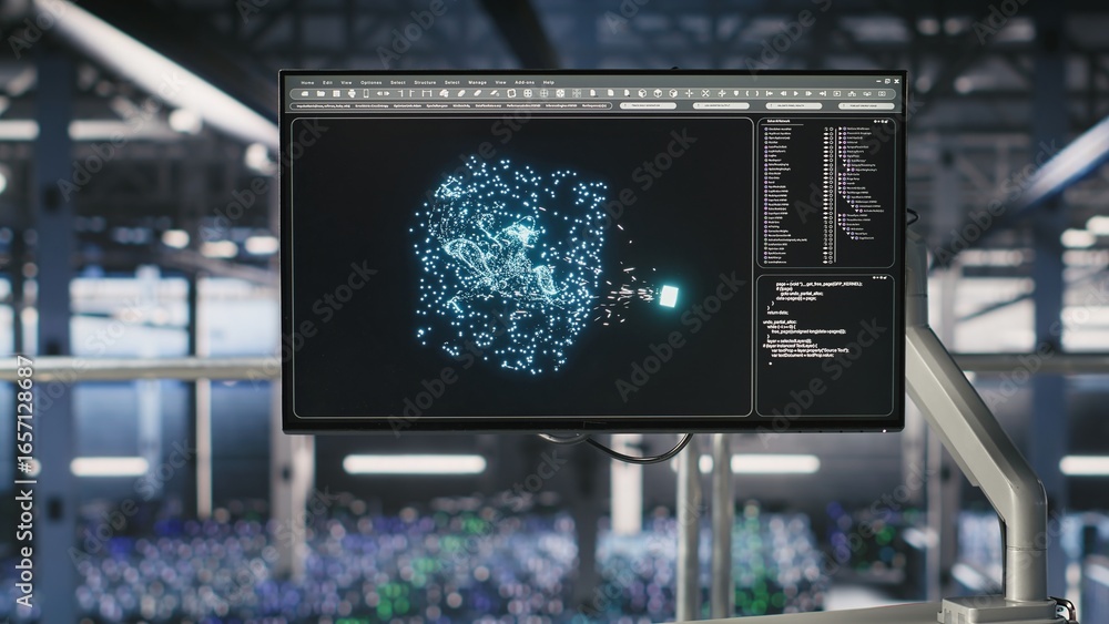 Poster elevated industrial data center control station screen showing analytics from servers powering ai ap