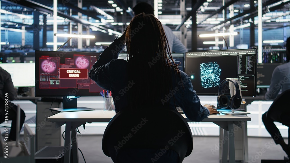Poster stressed server hub admin worried by malfunctioning data analytics ai generator. anxious data center