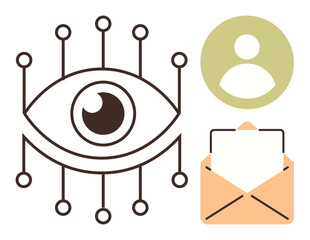 Eye with circuit nodes symbolizing connectivity, a user profile icon for identity, and an open envelope for communication. Ideal for privacy, cybersecurity, data, AI, email, user management simple