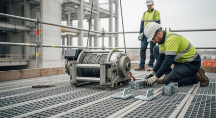 Visual of a winch assembly resting on a scaffold platform midinstallation with technicians preparing mounting brackets.