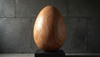 Wooden egg sculpture displays intricate grain patterns, offering natural artistry, modern design, harmonious elegance. Minimalist setting emphasizes smooth, polished wood, unique decorative piece