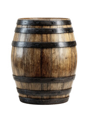 Wooden barrel, full view.  Dark brown, aged wood.  Metal hoops