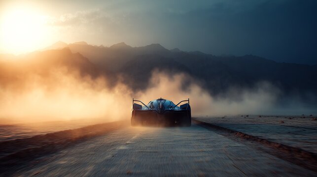 Futuristic Car Desert Sunset Drive. - Powered by Adobe