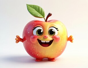 Cute cartoon apple character with happy expression, wide smile. Smiling red, yellow fruit cheerful, three-dimensional illustration perfect for children food brands educational materials about healthy