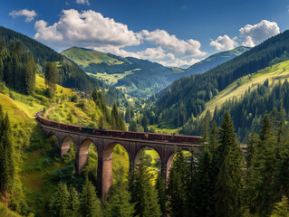 Freight train crossing bridge in scenic mountain valley