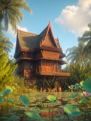 Obraz premium Traditional thai house rising over a serene pond with water lilies