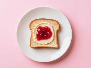 Toast with butter and strawberry jam on white plate and pink background