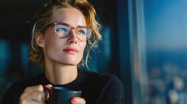Woman with glasses holds a coffee mug and looks out large window in an apartment at dusk - Powered by Adobe