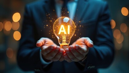 Businessman holds glowing lightbulb with AI. Symbolizes artificial intelligence impact on future technology, innovation, and business growth. Represents idea generation and smart solutions.