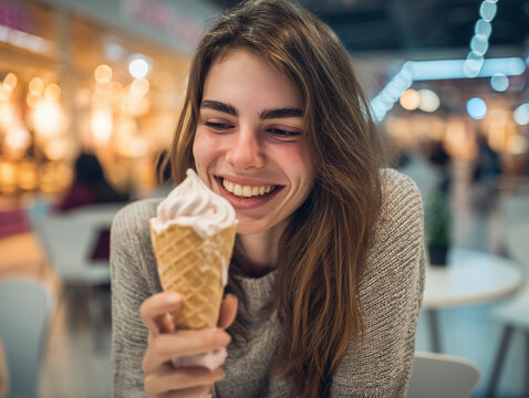 Happy young woman enjoying ice cream in shopping mall food court